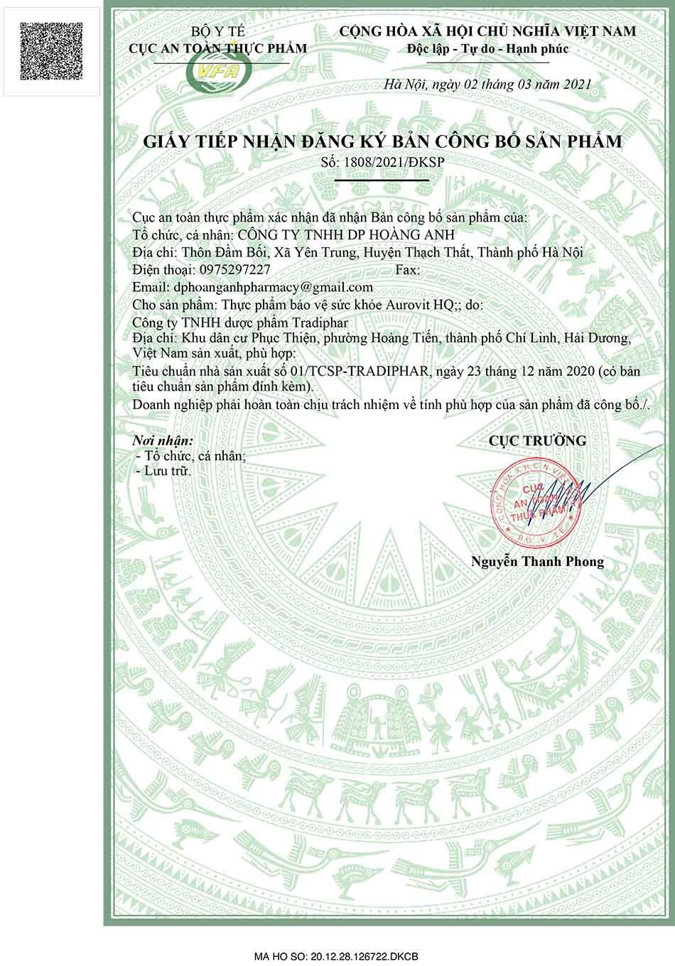 Giấy tiếp nhận đăng ký bản công bố sản phẩm Aurovit HQ