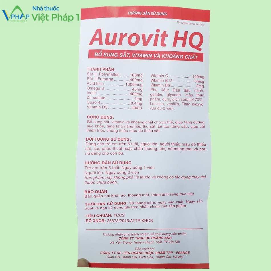 Tờ hướng dẫn sử dụng Aurovit HQ