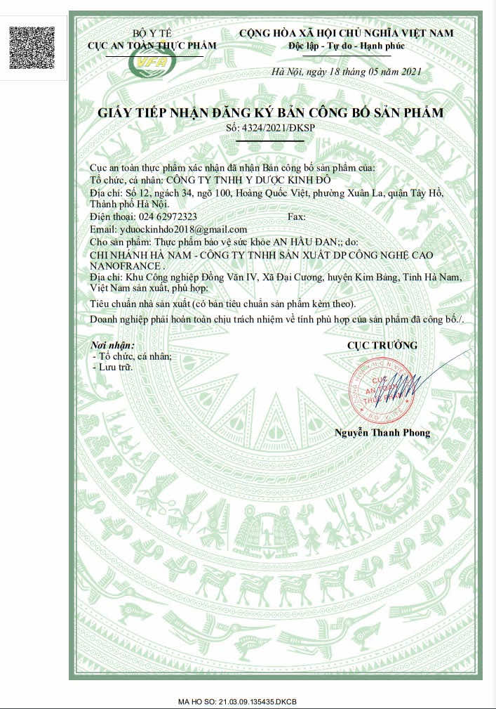 Bộ Y Tế và Cục An Toàn thực phẩm cấp giấy tiếp nhận đăng ký sản phẩm An Hầu Đan