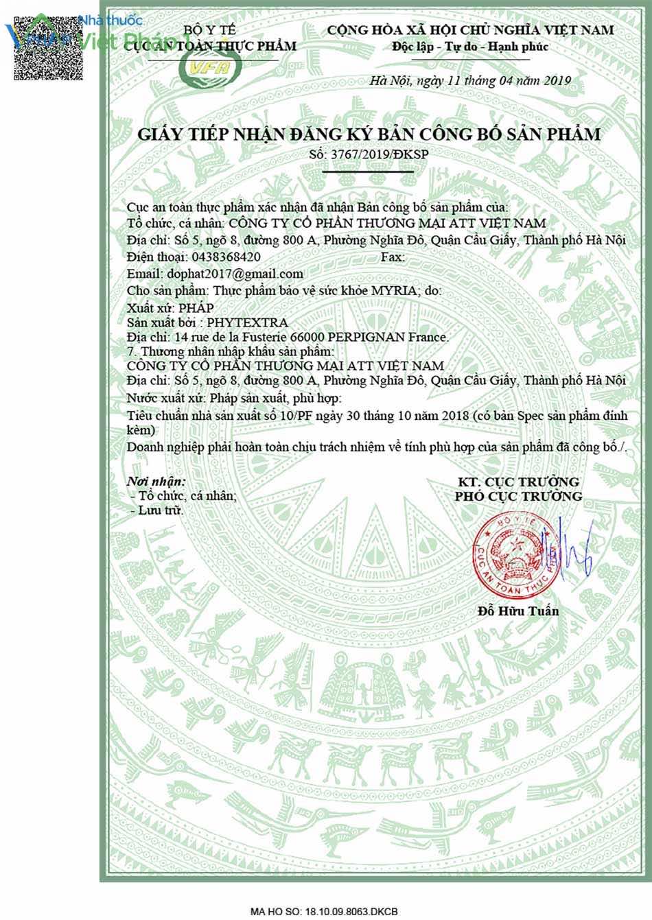 Bộ Y Tế cấp giấy tiếp nhận đăng ký bản công bố sản phẩm Myria