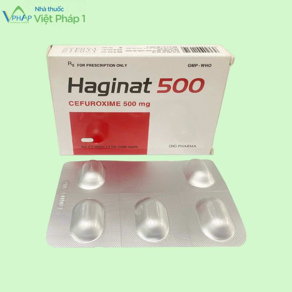 Hình ảnh hộp thuốc Haginat 500 gồm 2 vỉ, mỗi vỉ 5 viên
