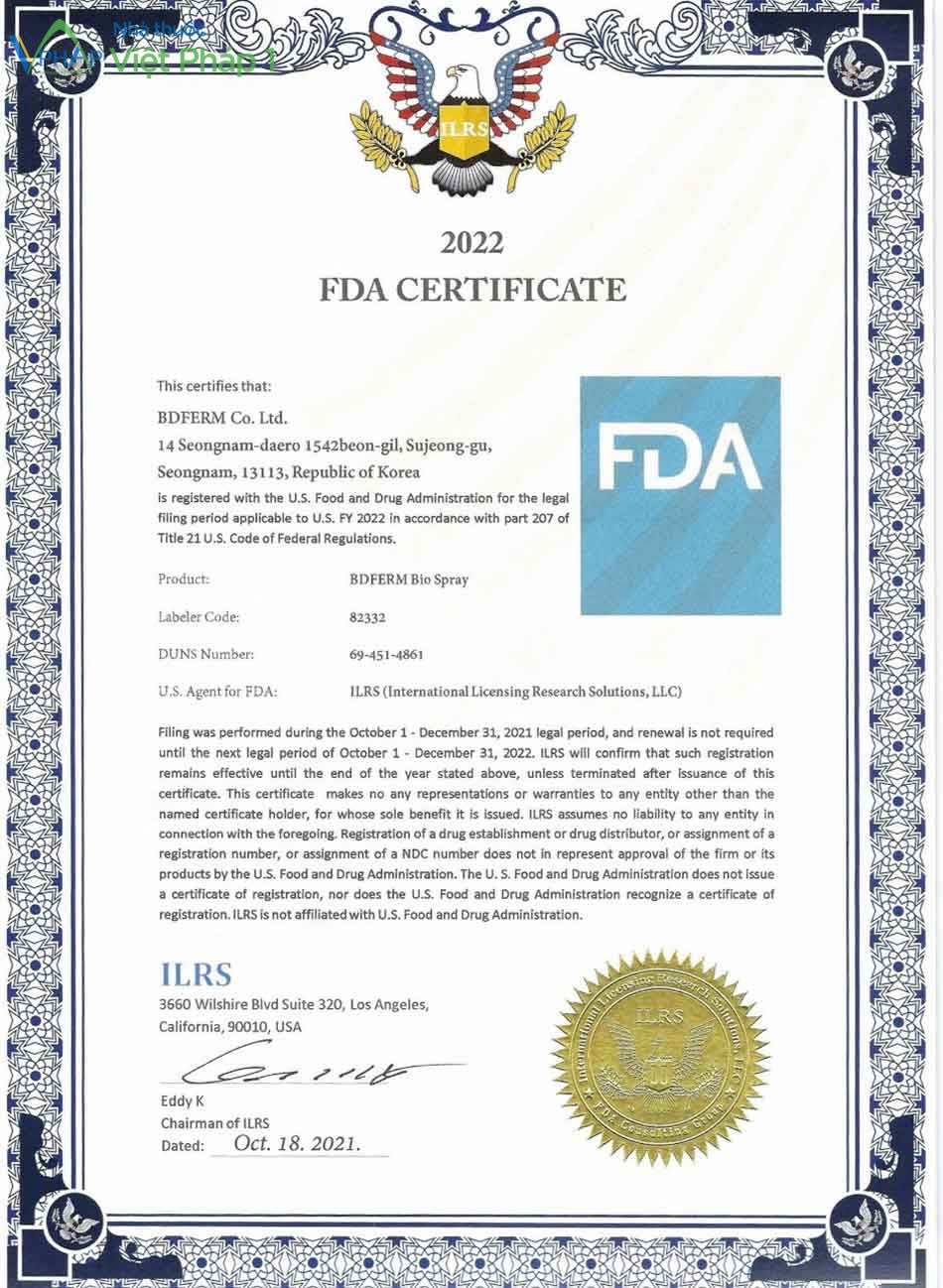 Chứng nhận của FDA phê duyệt BDFERM Bio Spray