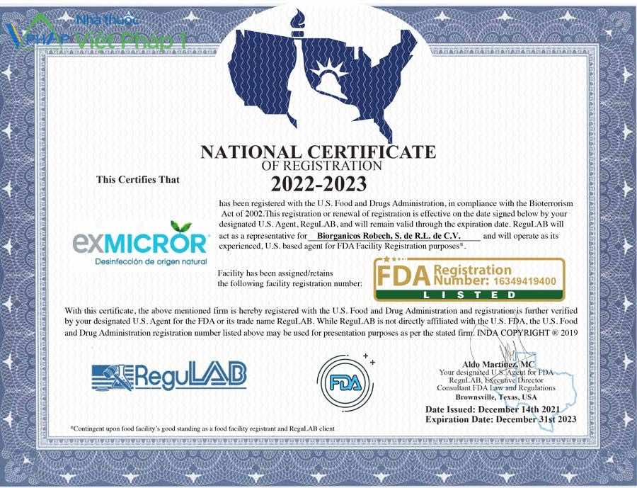 Exmicror Plus có giấy chứng nhận bởi FDA