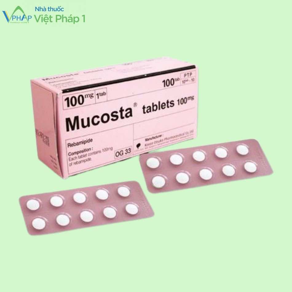 Hộp thuốc Mucosta gồm 10 vỉ, mỗi vỉ 10 viên