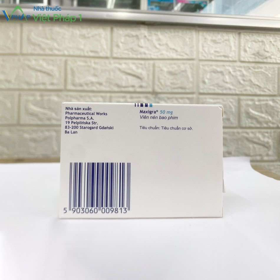 Hình ảnh mặt sau hộp thuốc Maxigra được chụp tại Nhà thuốc Việt Pháp 1