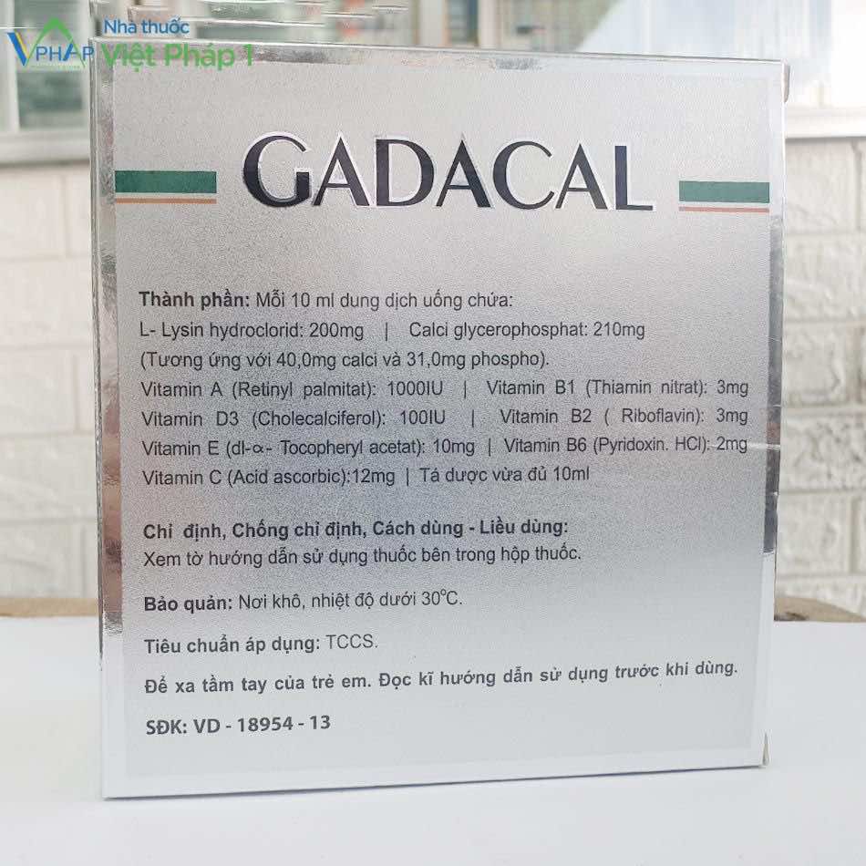 Hình ảnh mặt sau hộp Gadacal được chụp tại Nhà thuốc Việt Pháp 1