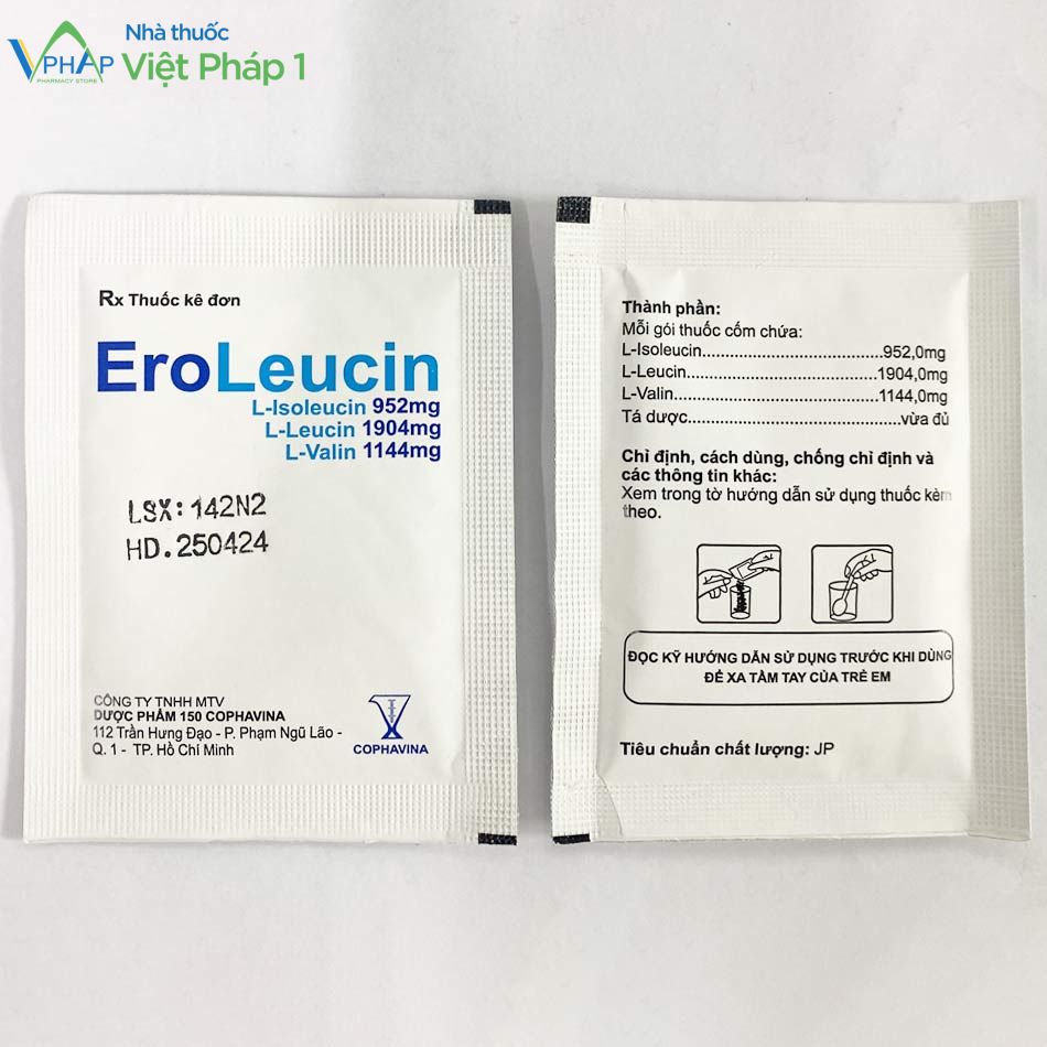 Mặt trước và mặt sau của gói thuốc cốm EroLeucin