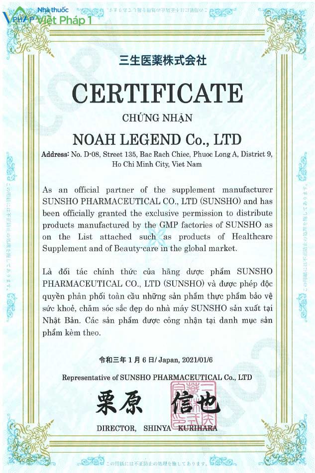 Giấy chứng nhận độc quyền SUNSHO của Noah Legend