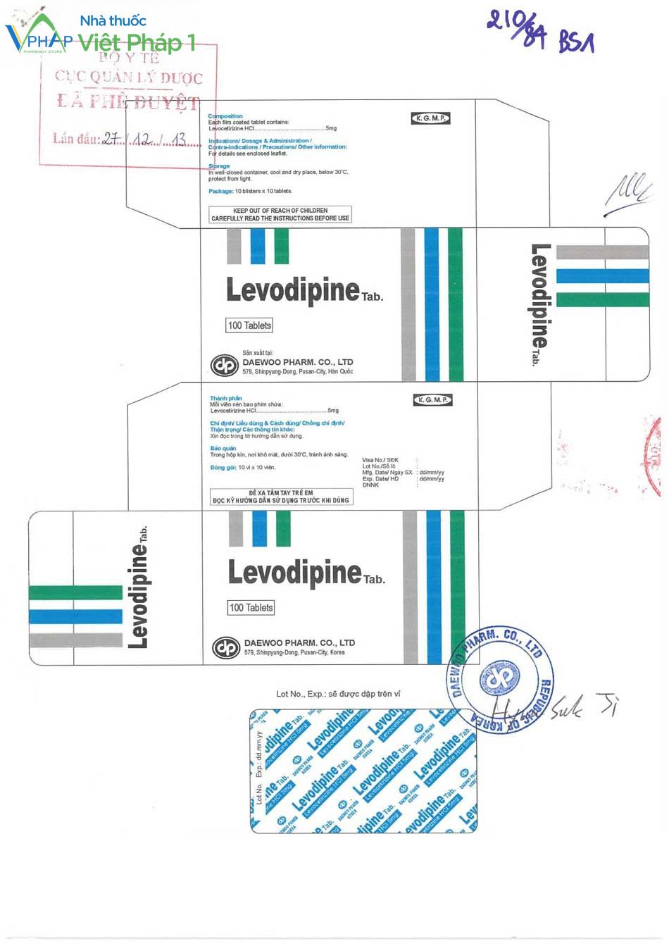 Mẫu bao bì của thuốc Levodipine được Cục quản lý Dược phê duyệt