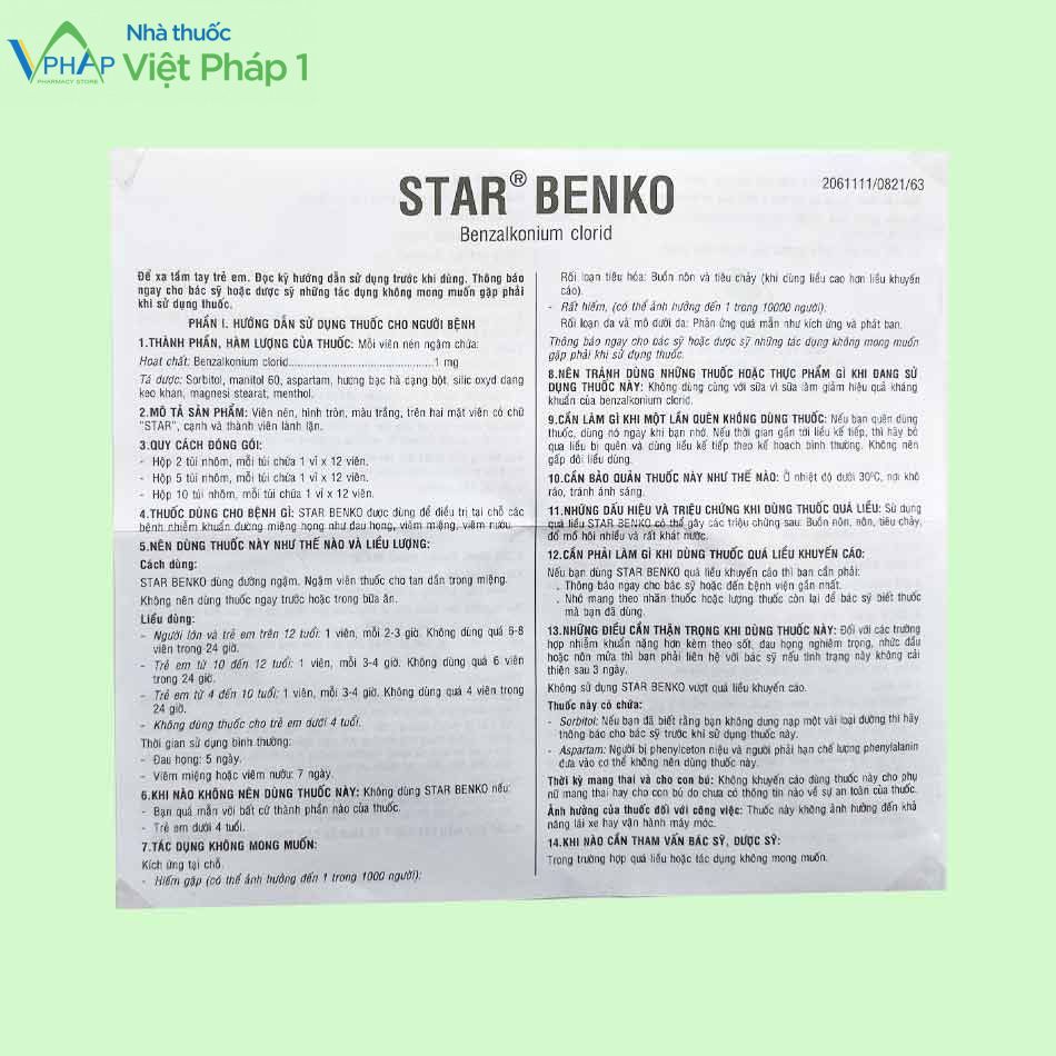 Tờ hướng dẫn sử dụng thuốc ngậm Star benko được Tờ hướng dẫn sử dụng thuốc ngậm Star benko được Cục quản lý Dược phê duyệt