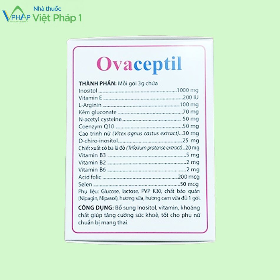 Bảng thành phần của sản phẩm Ovaceptil