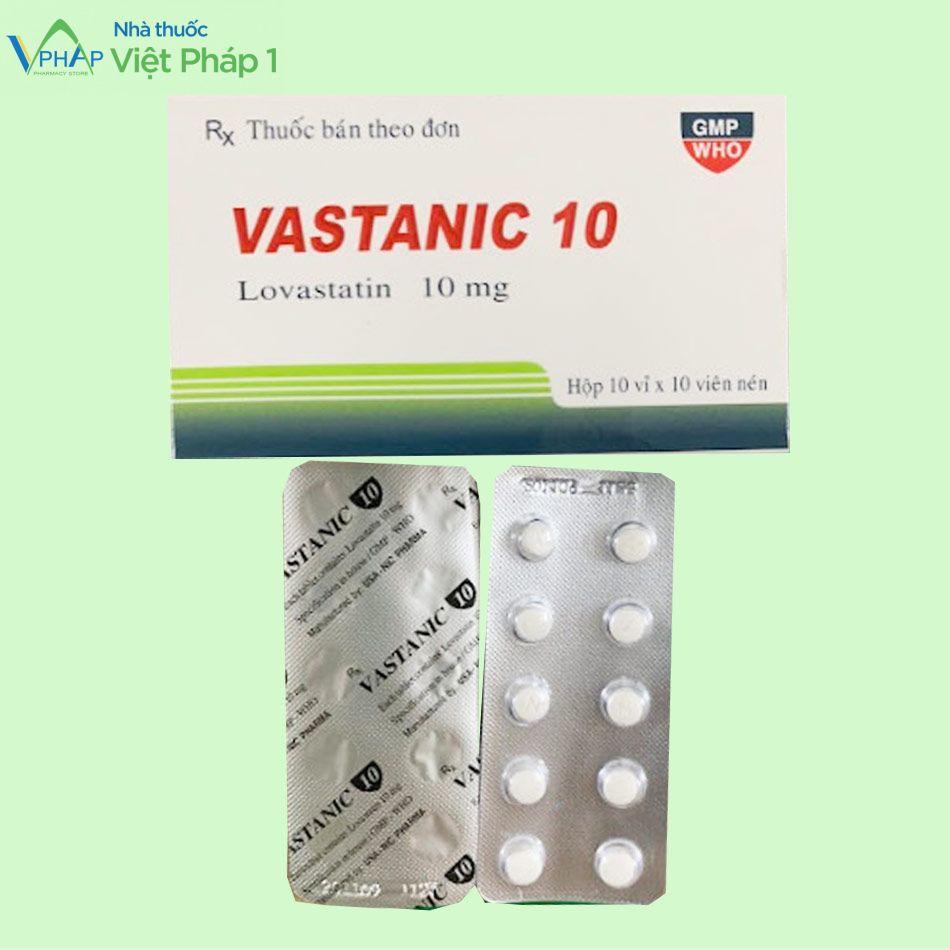 Hộp thuốc và mặt trước - sau của vỉ thuốc Vastanic 10