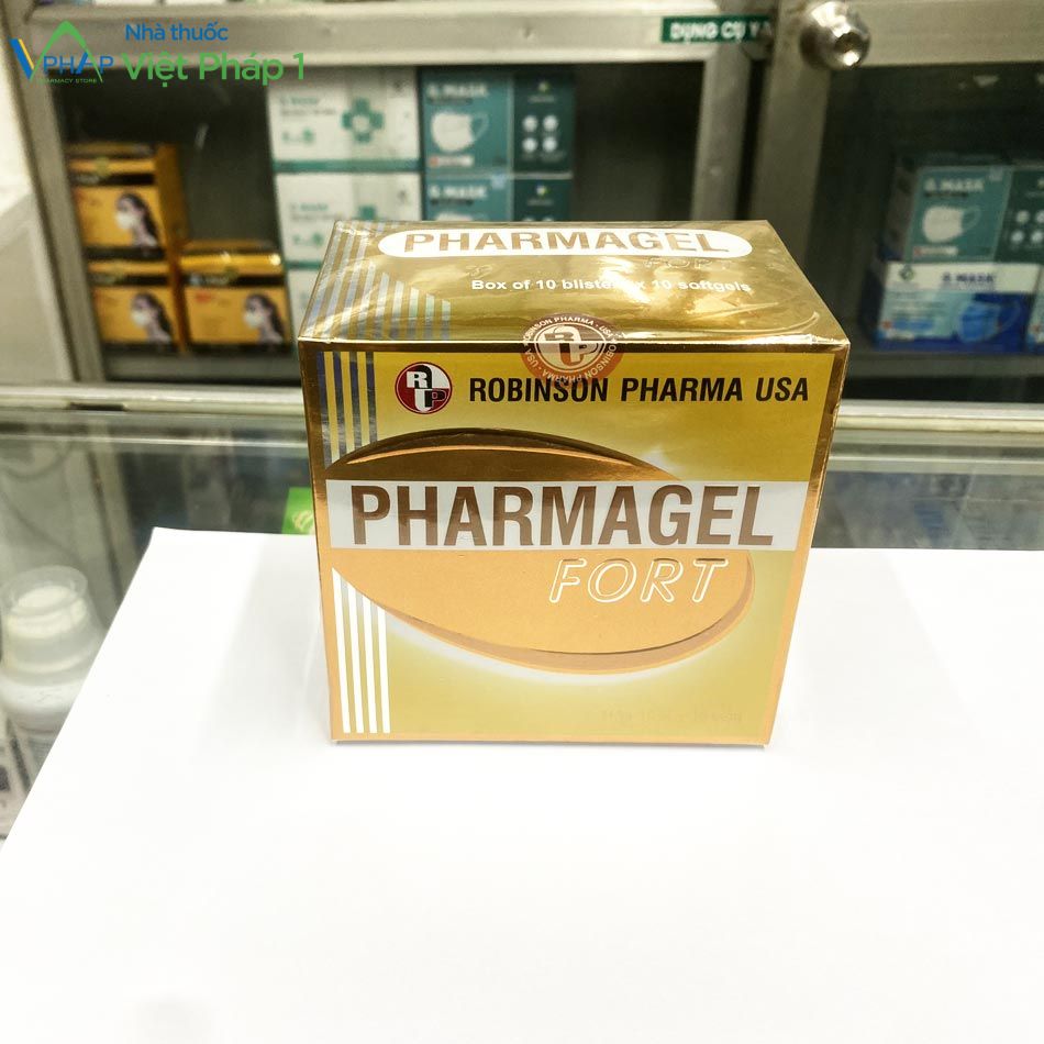 Hình ảnh hộp sản phẩm Pharmagel Fort được chụp từ trên nhìn xuống
