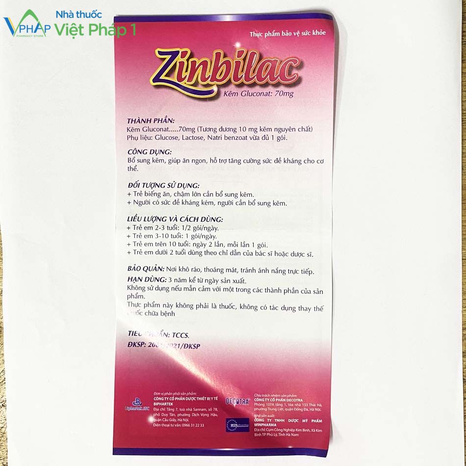 Thông tin tờ hướng dẫn sử dụng sản phẩm Zinbilac