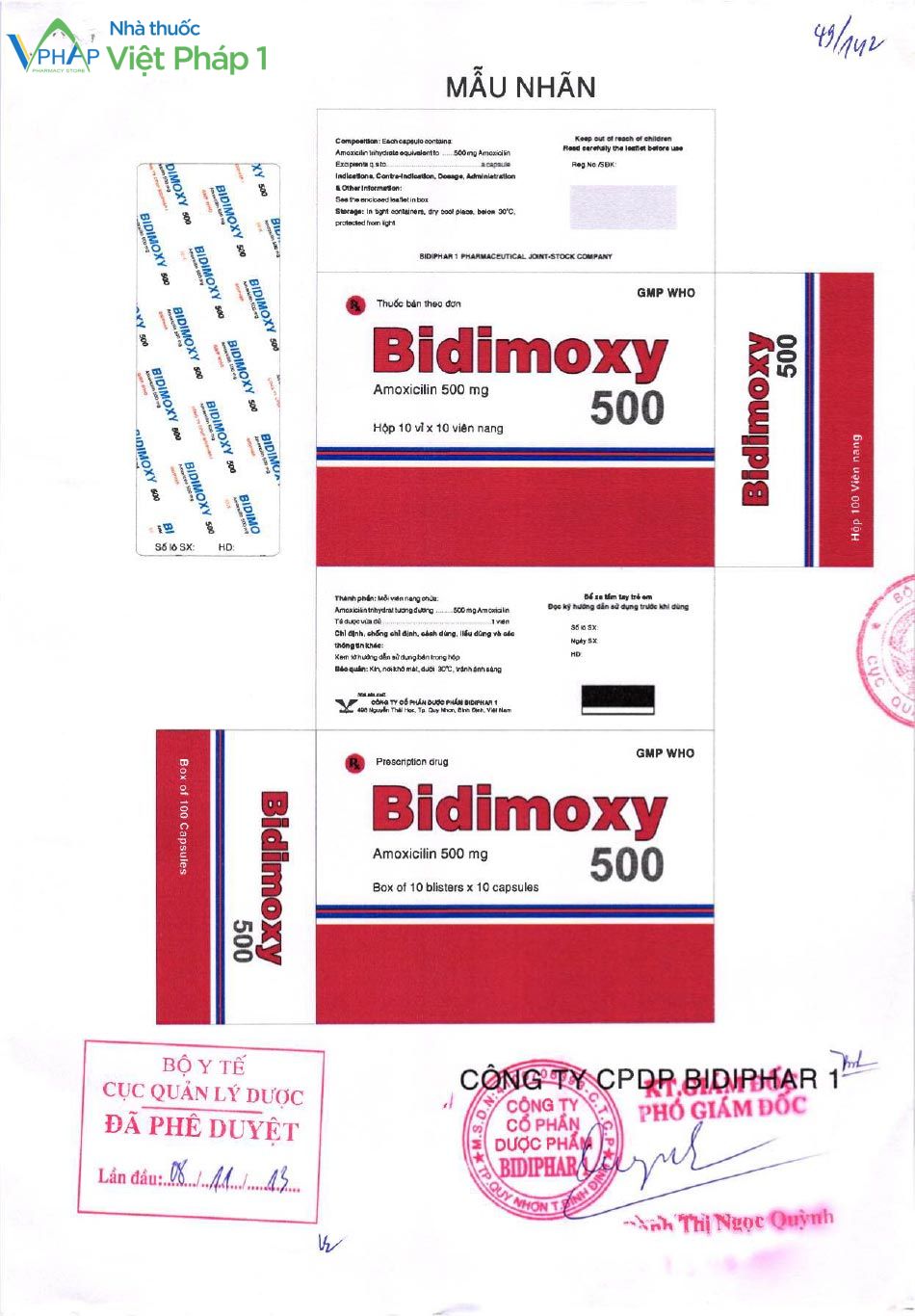 Mẫu nhãn thuốc Bidimoxy 500