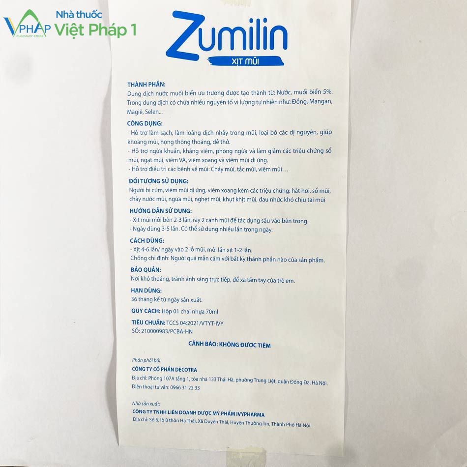 Tờ hướng dẫn sử dụng sản phẩm Xịt mũi Zumilin