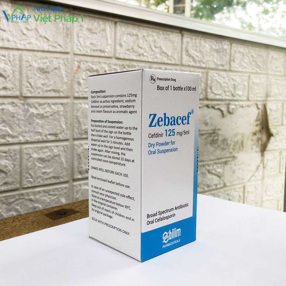 Góc nghiêng hộp thuốc bột pha hỗn dịch Zebacef 125mg/5ml