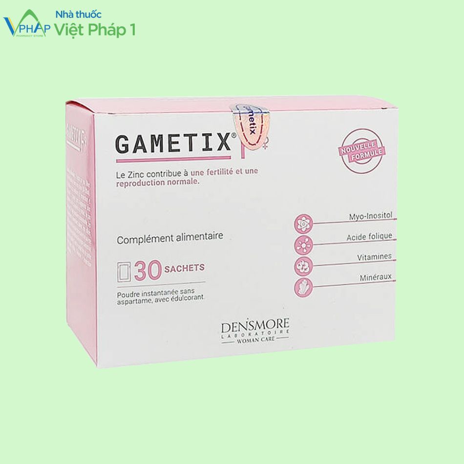 Hộp 30 gói bột sản phẩm Gametix F được phân phối chính hãng tại Nhà Thuốc Việt Pháp 1