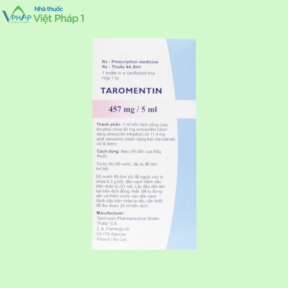 Hộp thuốc Taromentin 457mg/5ml được phân phối chính hãng tại Nhà Thuốc Việt Pháp 1