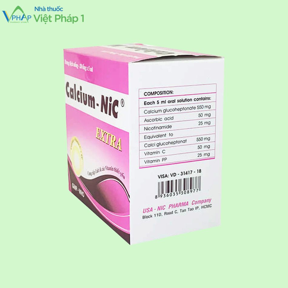 Mặt nghiêng của hộp sản phẩm Calcium - NIC Extra 5ml