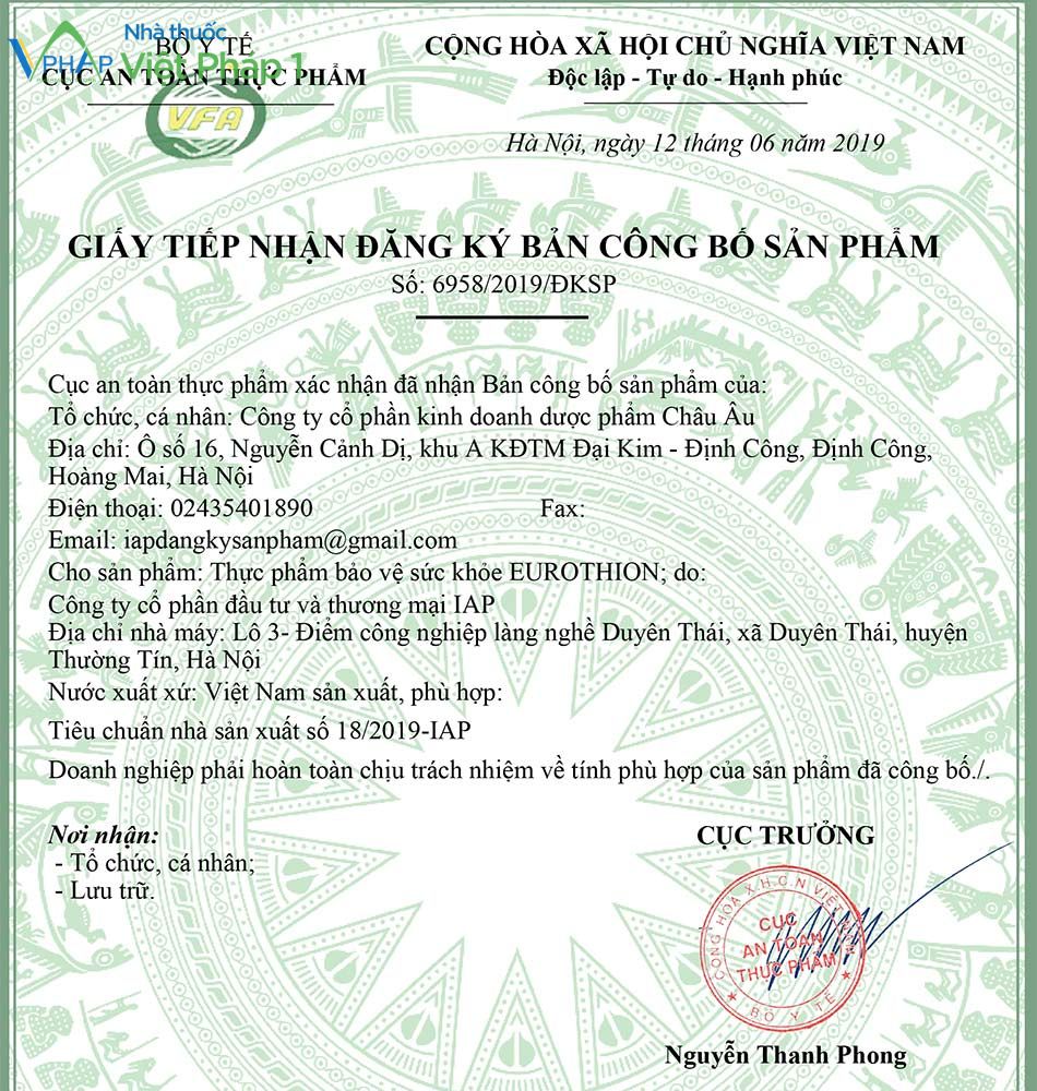 Cục An toàn thực phẩm đã cấp giấy chứng nhận lưu hành sản phẩm Eurothion tại Việt Nam