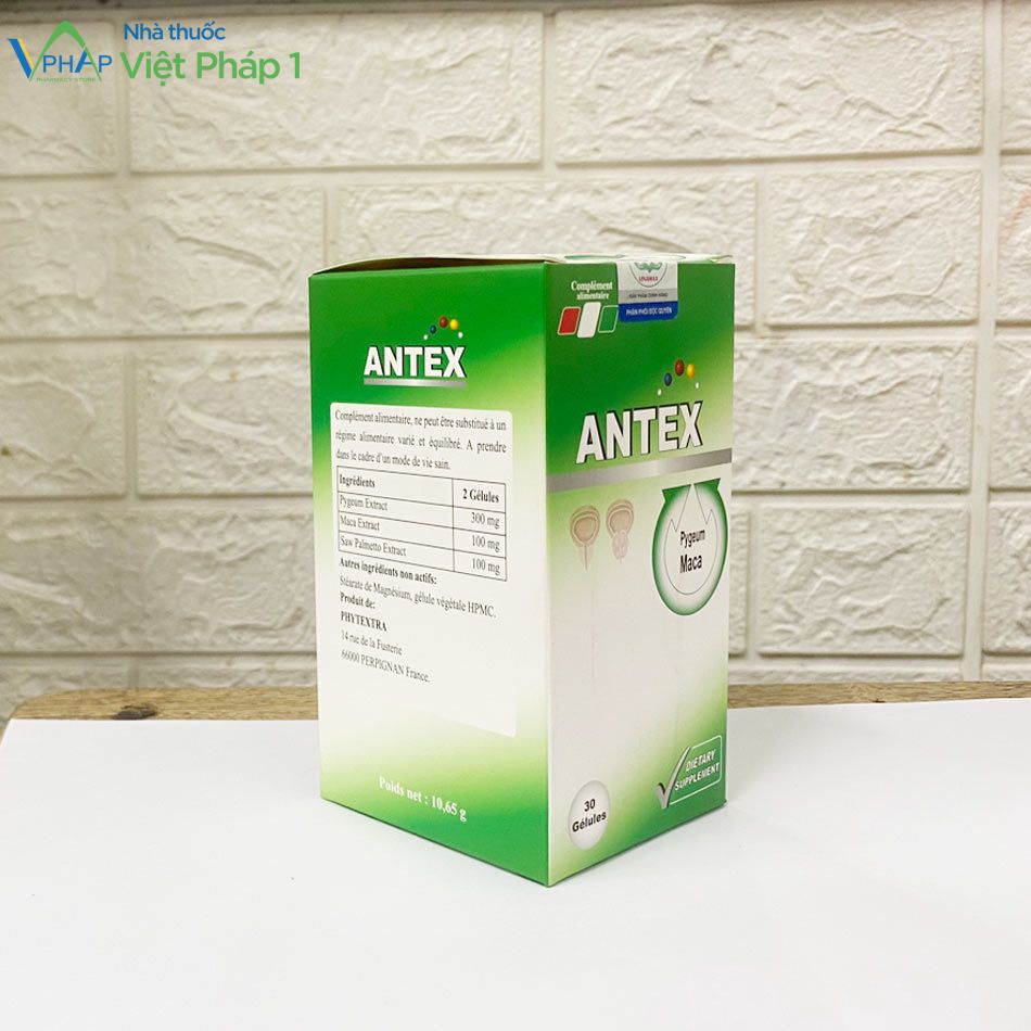 Góc nghiêng của hộp sản phẩm ANTEX được chụp tại Nhà Thuốc Việt Pháp 1