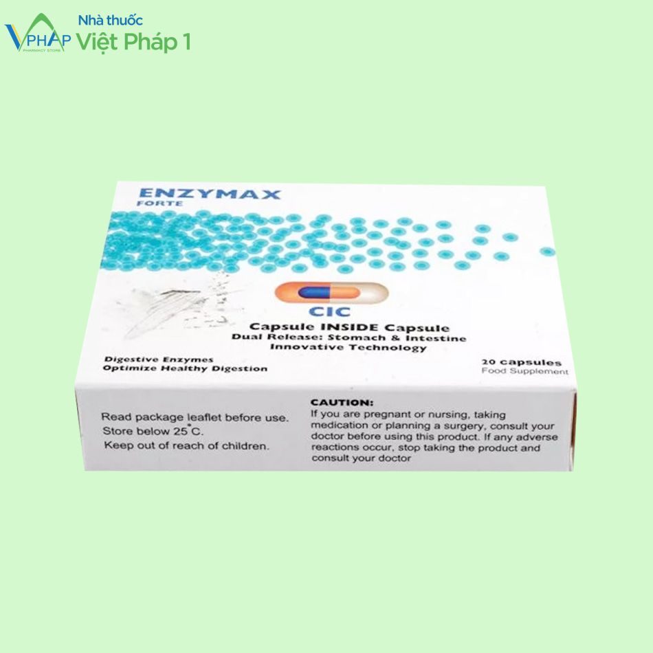 Hộp 20 viên sản phẩm Enzymax Forte được phân phối chính hãng tại Nhà Thuốc Việt Pháp 1