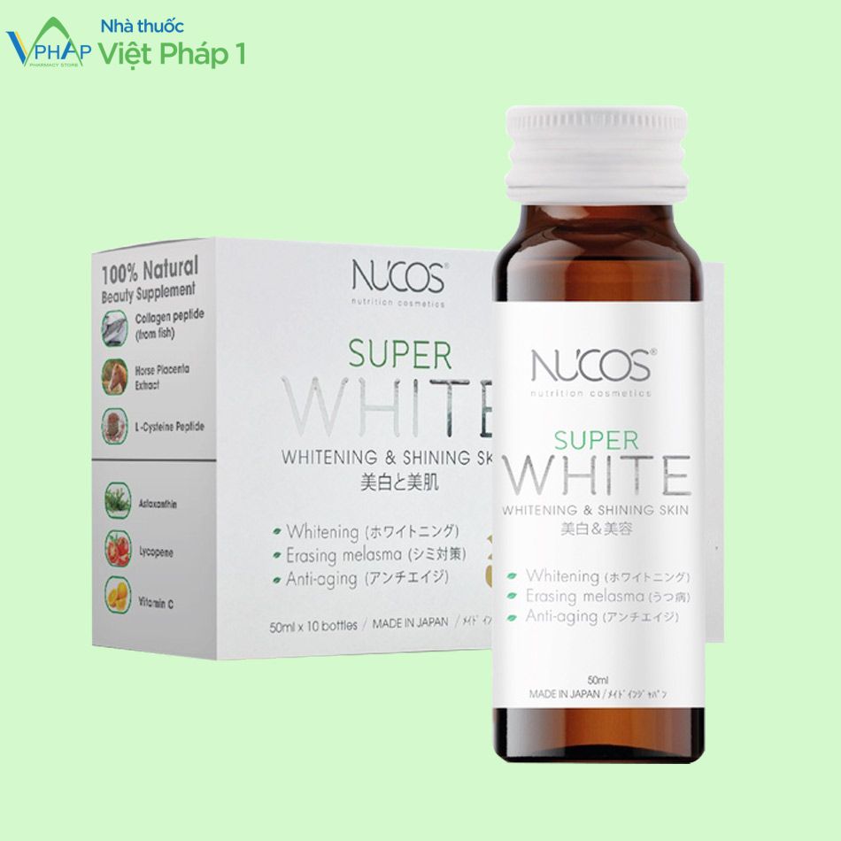 Hình ảnh: Hộp và chai 50ml nước uống Collagen Nucos Super White