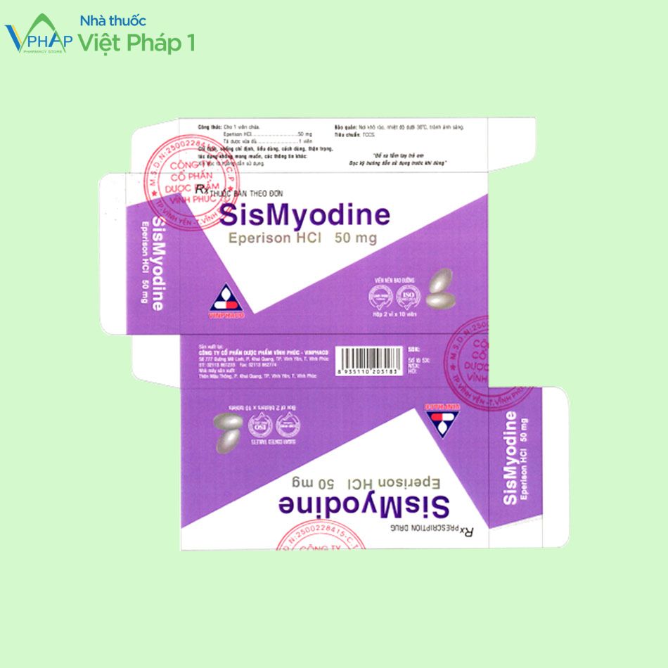 Vỏ hộp thuốc sysmyodine 50mg có tác dụng điều trị tăng trương lực cơ