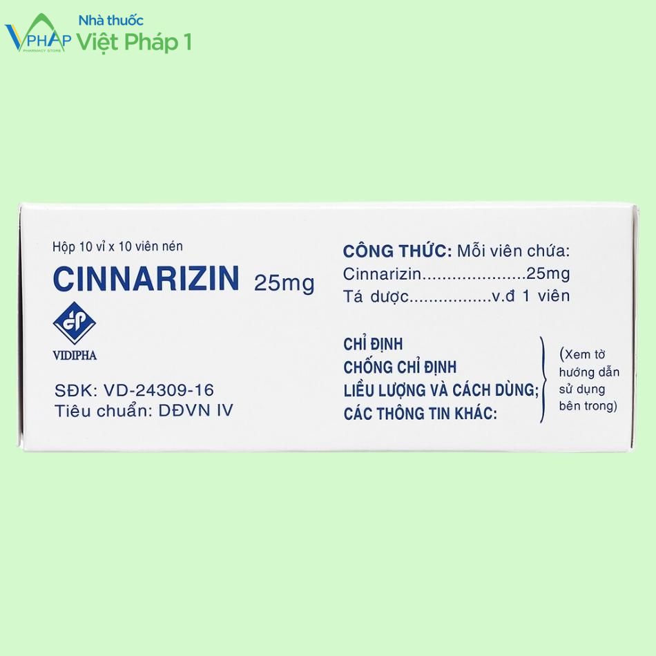 Mặt bên hộp thuốc Cinnarizine 25mg