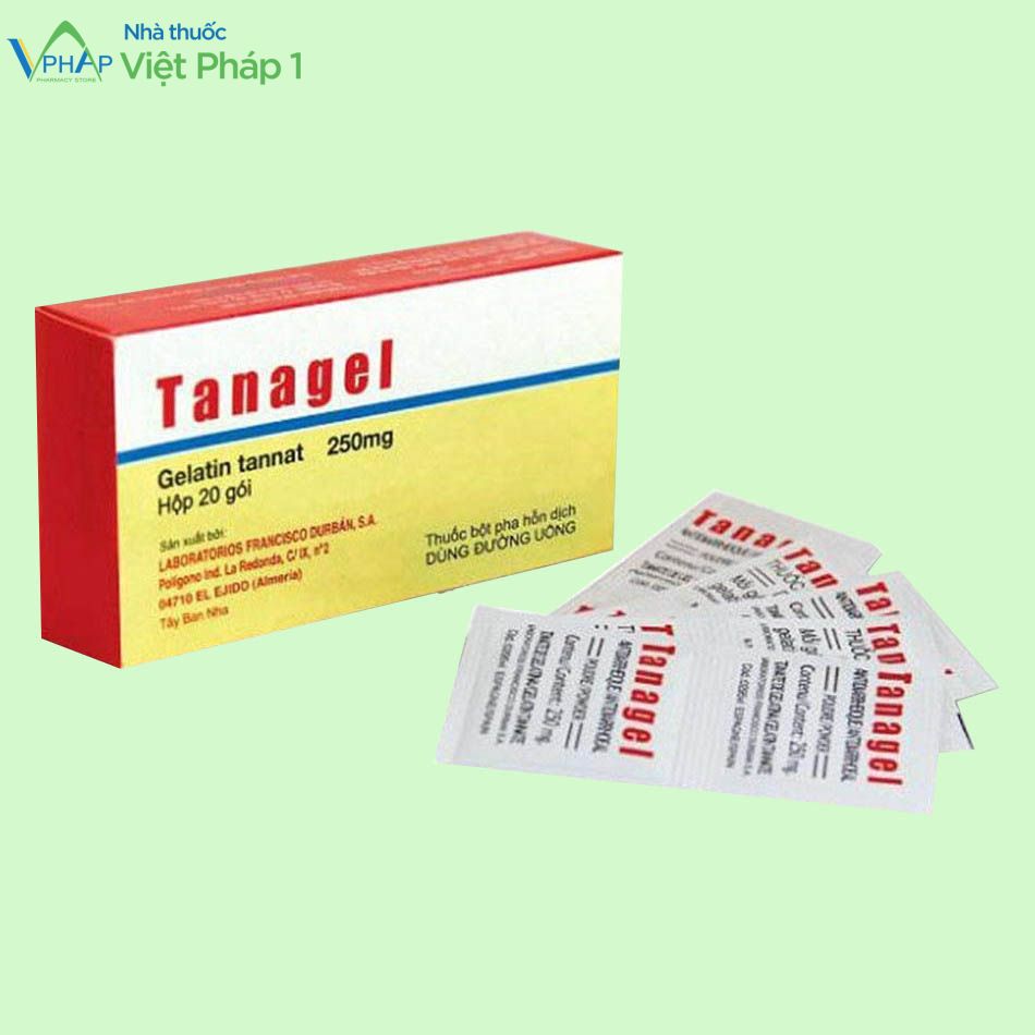 Hộp và gói thuốc bột Tanagel 250mg.