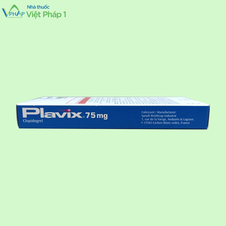 Mặt bên hộp thuốc Plavix 75mg có tác dụng phòng ngừa huyết khối