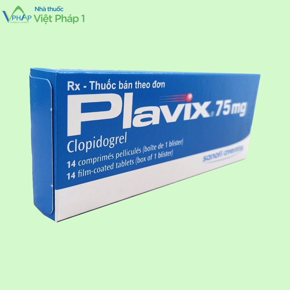 Mặt chéo hộp thuốc Plavix 75mg có tác dụng phòng ngừa huyết khối