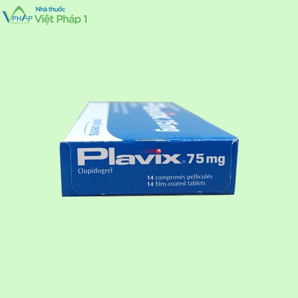 Mặt trên hộp thuốc Plavix 75mg có tác dụng phòng ngừa huyết khối