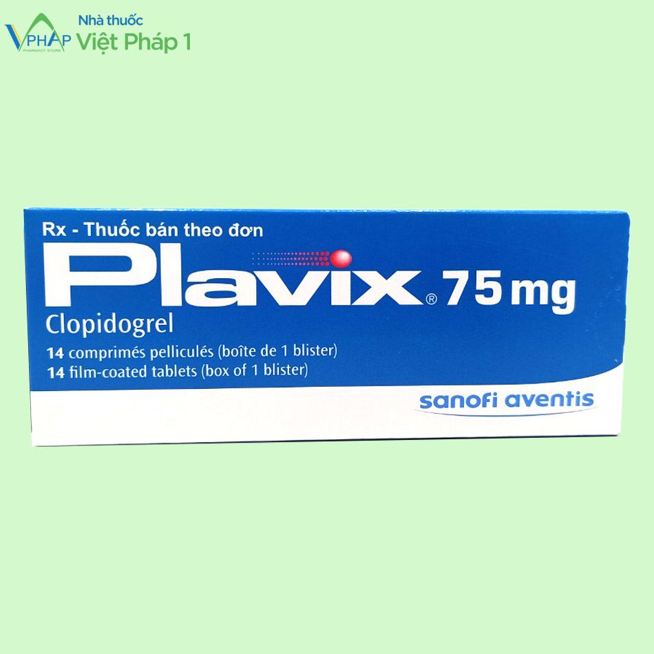 Mặt trước hộp thuốc Plavix 75mg có tác dụng phòng ngừa huyết khối