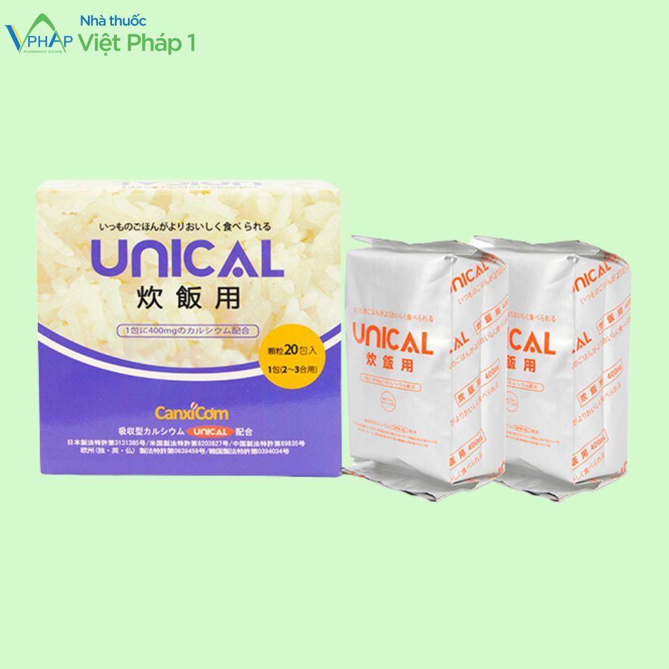 Hộp và gói Canxi cơm Unical For Rice