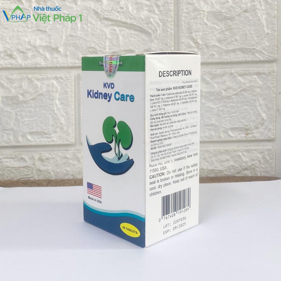 Mặt nghiêng của sản phẩm Kidney Care được chụp tại Nhà Thuốc Việt Pháp 1