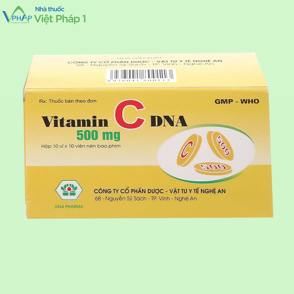 Hình ảnh: Vỏ ngoài và mặt trên hộp Thuốc Vitamin C DNA 500mg