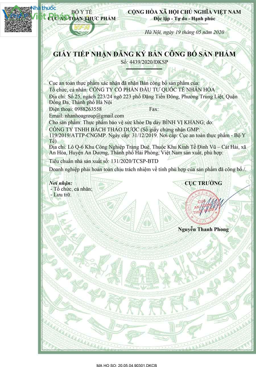 Dạ dày Bình Vị Khang được sản xuất và đăng ký tại Việt Nam. 