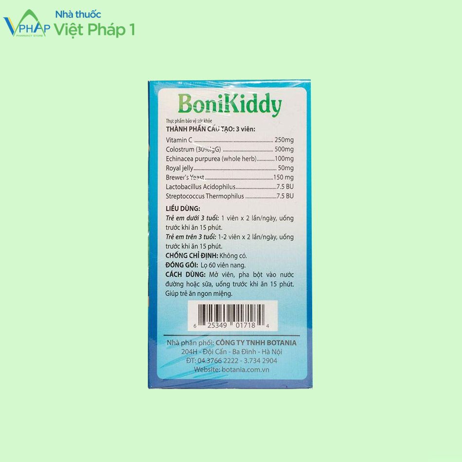 Bảng thành phần hàm lượng các chất, liều dùng, cách dùng trong sản phẩm BoniKiddy