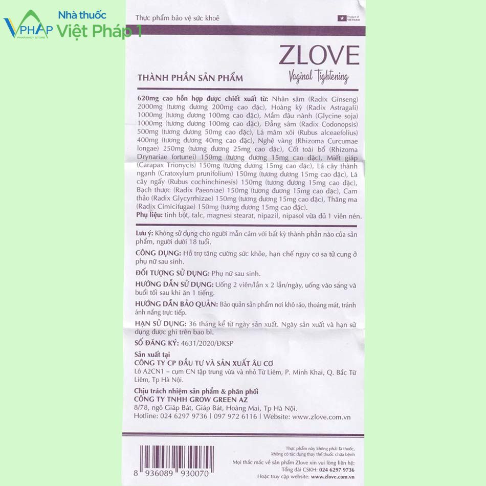 Hình ảnh: Tờ hướng dẫn sử dụng sản phẩm Zlove