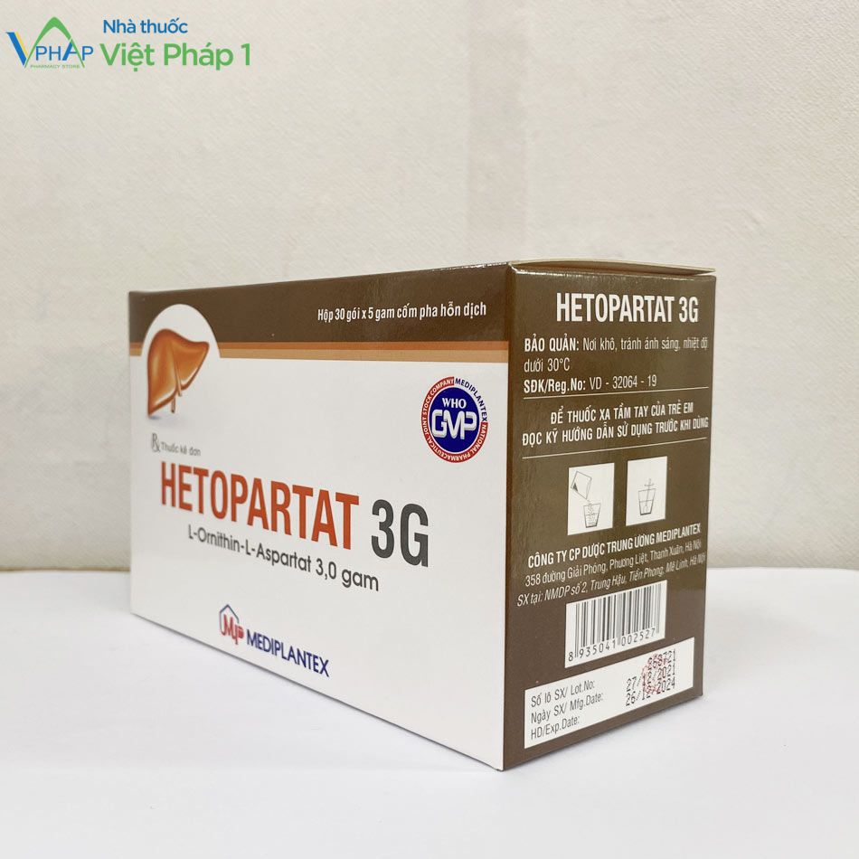 Hình ảnh: Mặt bên của hộp thuốc Hetopartat 3G được chụp tại Nhà Thuốc Việt Pháp 1