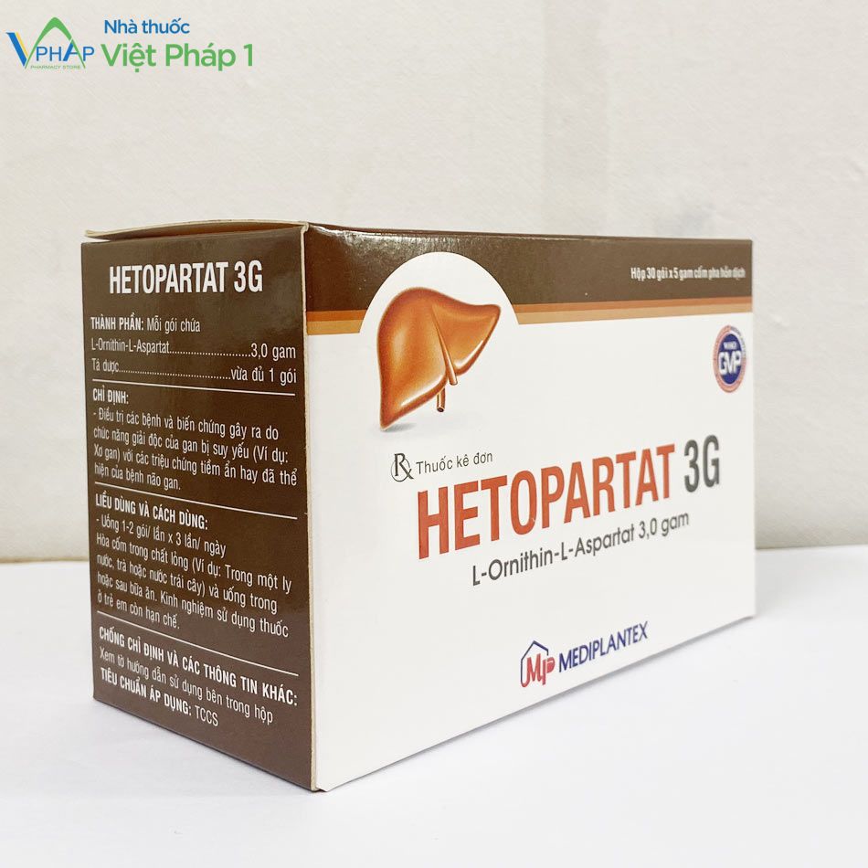 Hình ảnh: Mặt bên hộp thuốc Hetopartat 3G được chụp tại Nhà Thuốc Việt Pháp 1
