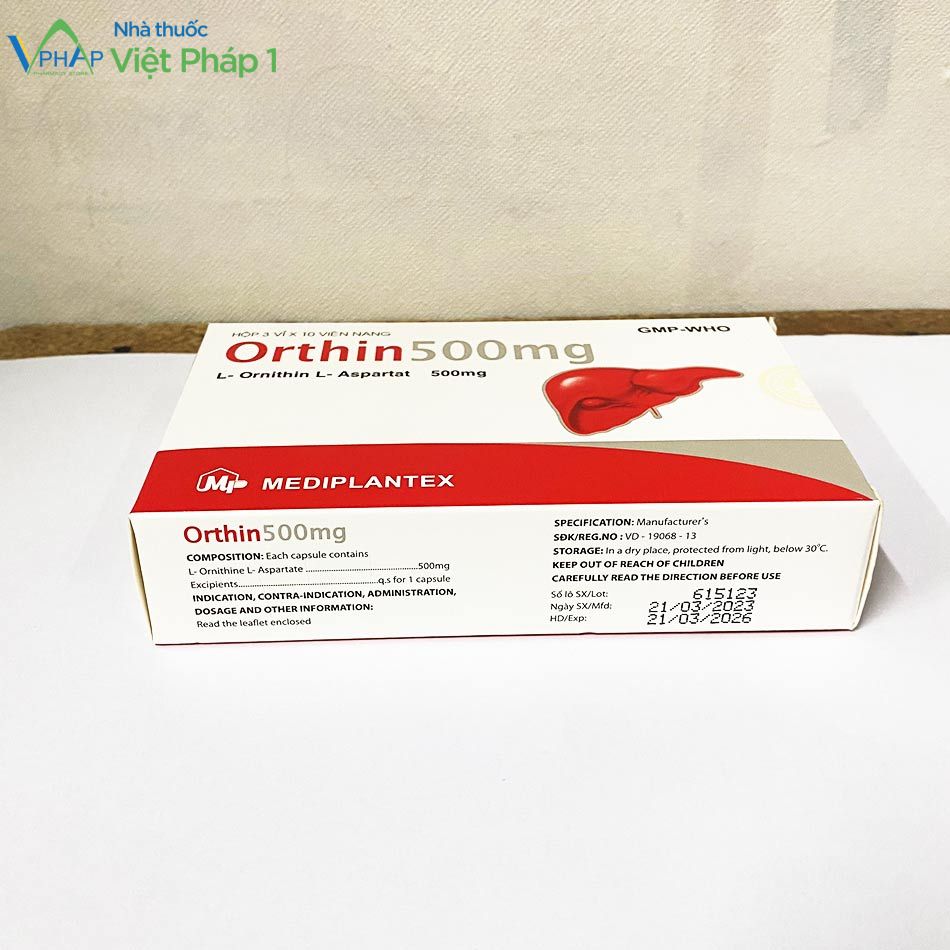 Hình ảnh cạnh hộp thuốc Orthin 500mg tại Nhà thuốc Việt Pháp 1