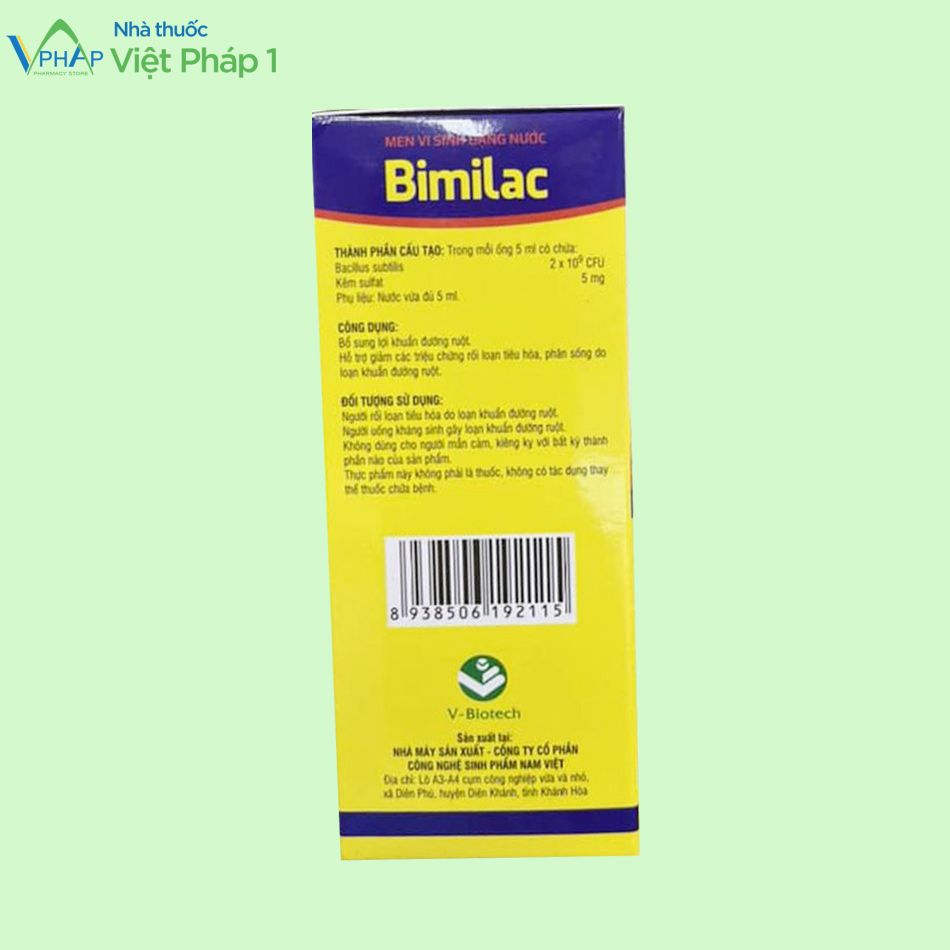 Hình ảnh: Mặt bên của sản phẩm Bimilac bao gồm thành phần, công dụng, đối tượng sử dụng và mã vạch