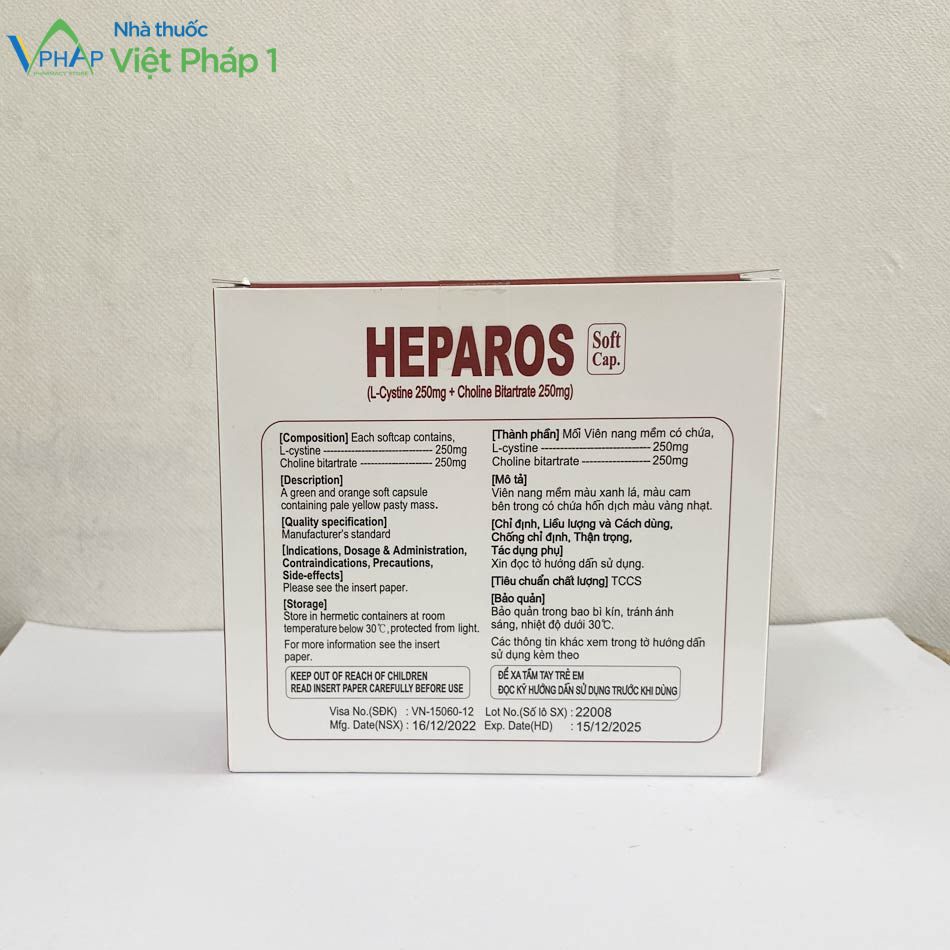 Hình ảnh: Mặt sau của hộp thuốc Heparos được chụp tại Nhà Thuốc Việt Pháp 1