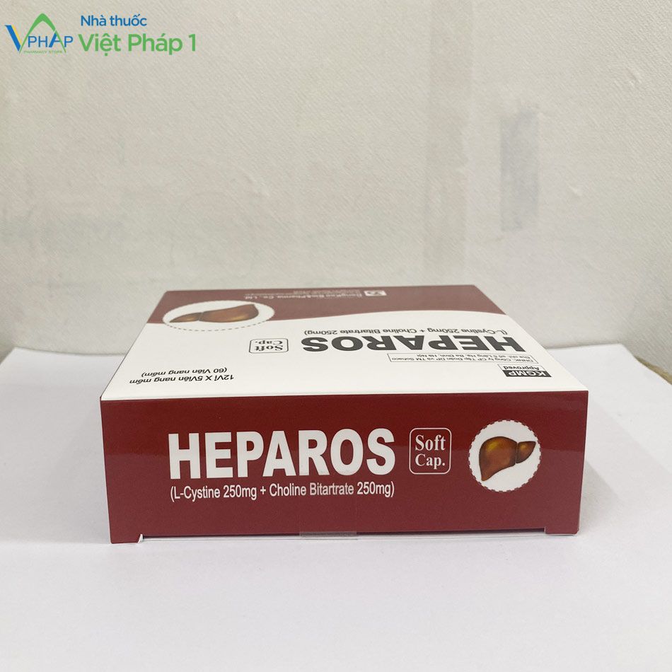Hình ảnh: Mặt ngang của hộp thuốc Heparos được chụp tại Nhà Thuốc Việt Pháp 1