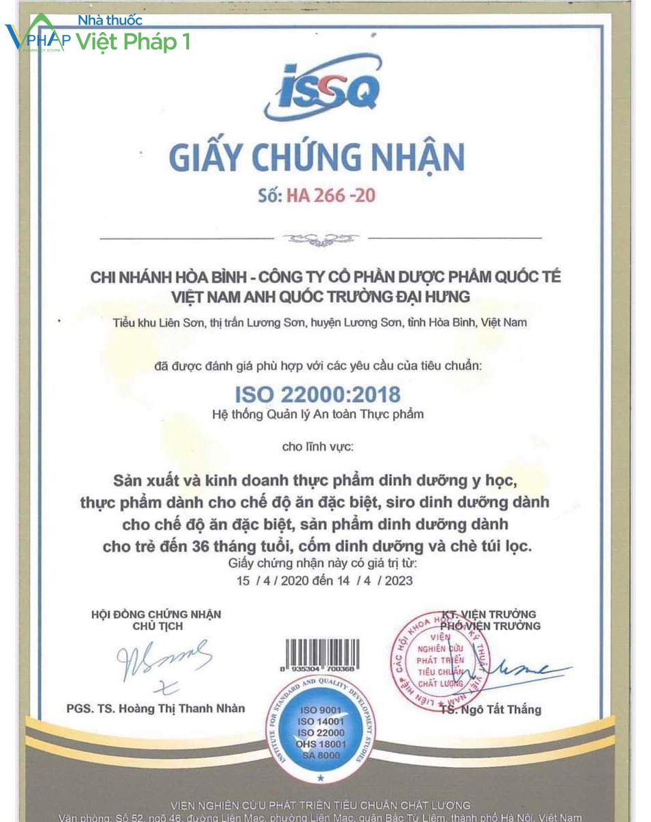 Giấy chứng nhận phù hợp tiêu chuẩn ISO 22000:2018