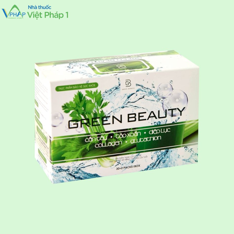 Hình ảnh mặt trước hộp sản phẩn Bột cần tây Green Beauty được chụp tại Nhà thuốc Việt Pháp 1