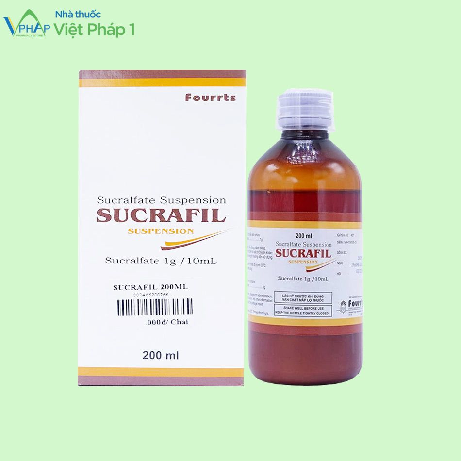 Hình ảnh: Hộp ngoài và chai bên trong của thuốc Sucrafil